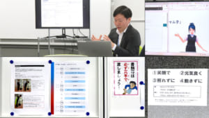 綜合キャリアトラストの社員・進藤さんとバーチャル社員「キャム子」さん、執務室における様々な工夫の写真