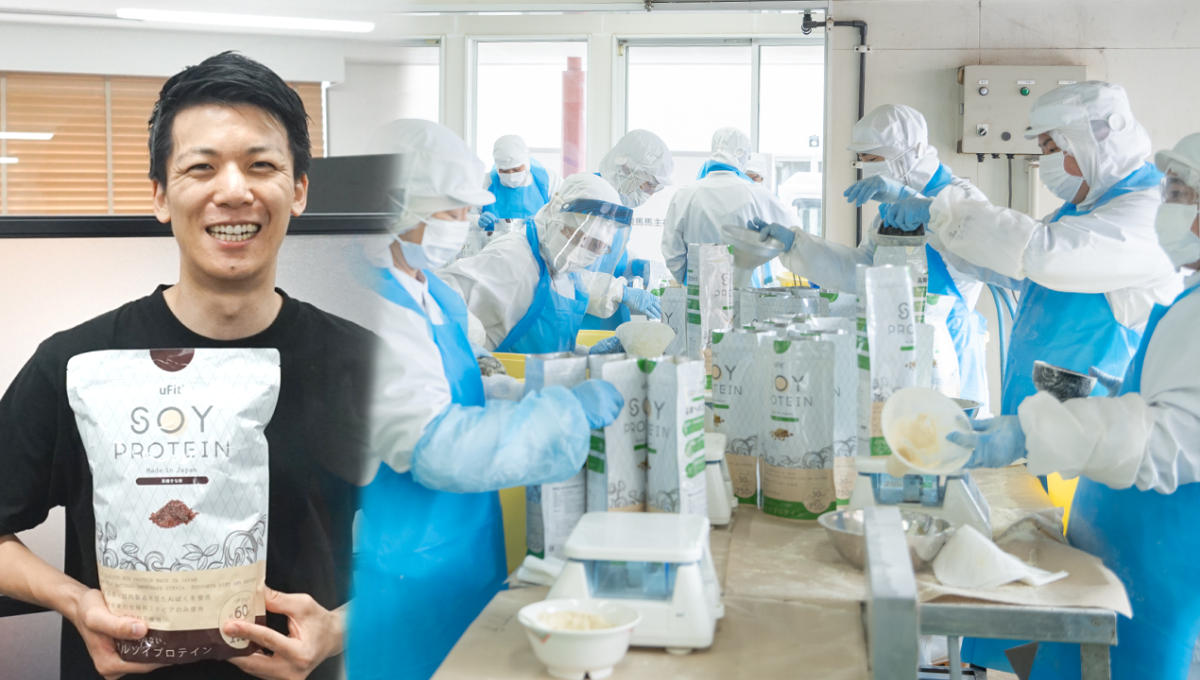 株式会社MAKERSの林社長とuFit Soy Proteinの製造を行うB型事業所利用者の画像（画像提供：株式会社MAKERS）