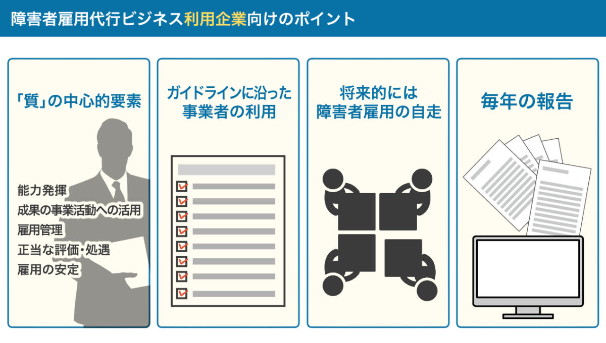 障害者雇用代行ビジネス利用企業向けのポイント。詳細は、以下本文。