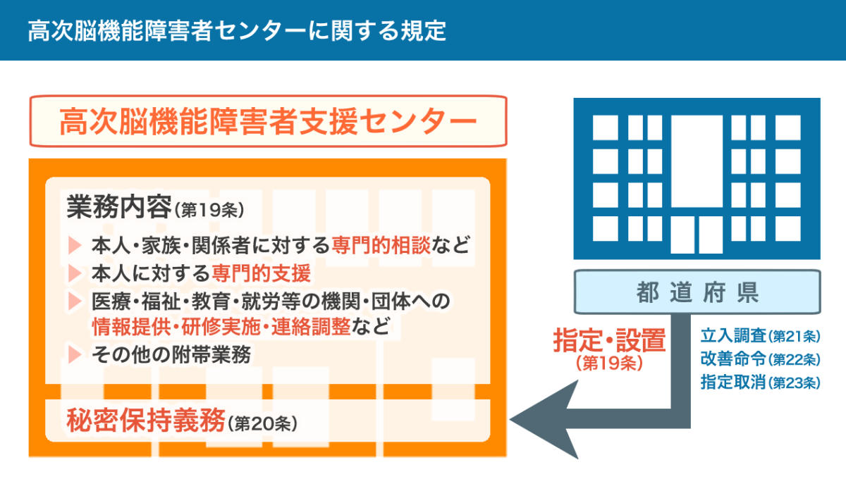 高次脳機能障害者支援センターに関する規定の図。詳しくは、以下本文。