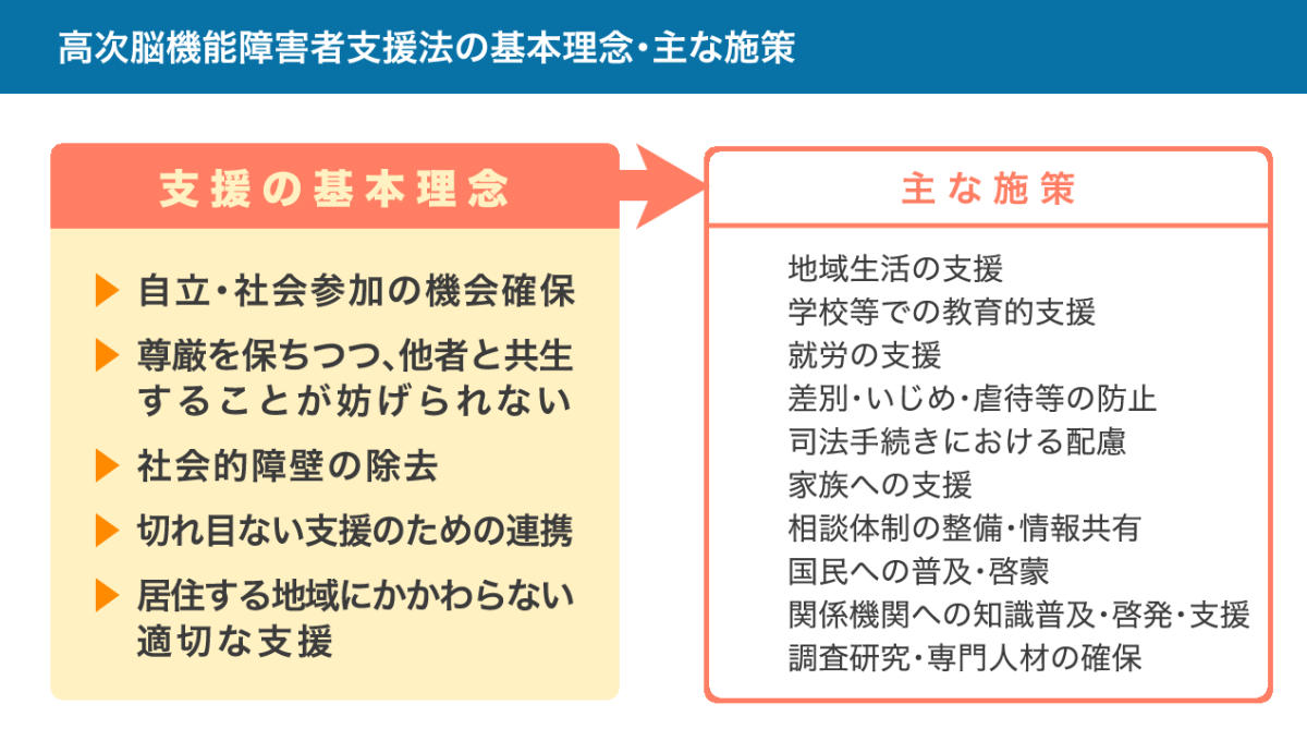 高次脳機能障害者支援法の基本理念と定められた主な施策の図。詳しくは、以下本文。