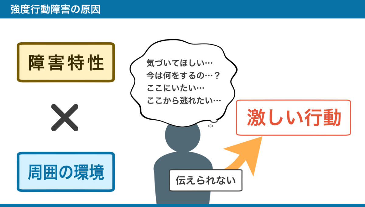 強度行動障害の原因の概略の図。詳しくは以下本文。