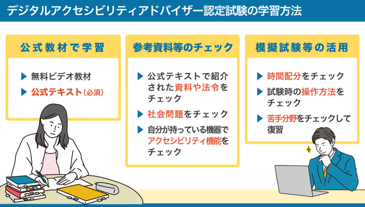 デジタルアクセシビリティアドバイザー認定試験の学習方法をまとめた図。詳しくは、以下本文。