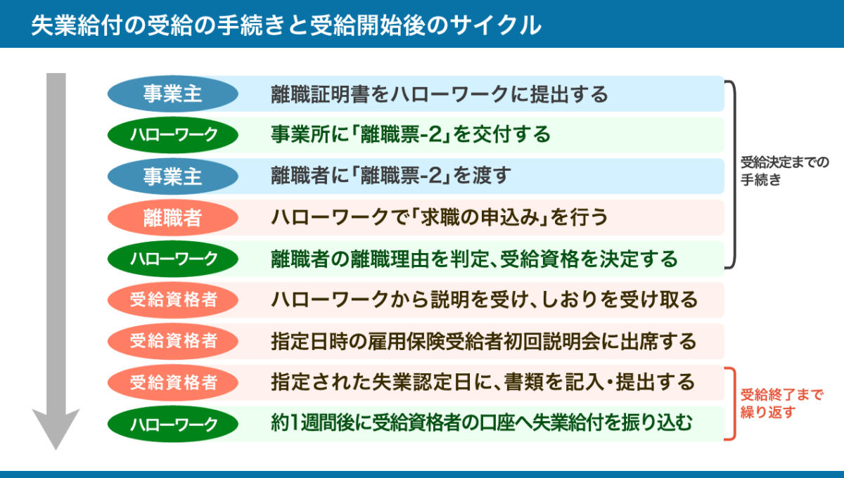失業給付の手続きと受給開始後のサイクルのまとめ図。詳しくは、以下本文。