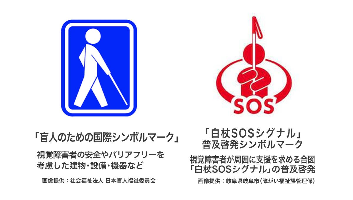 盲人のための国際シンボルマーク、「白杖SOSシグナル」普及啓発シンボルマークの画像と説明の図。詳しくは、以下本文。