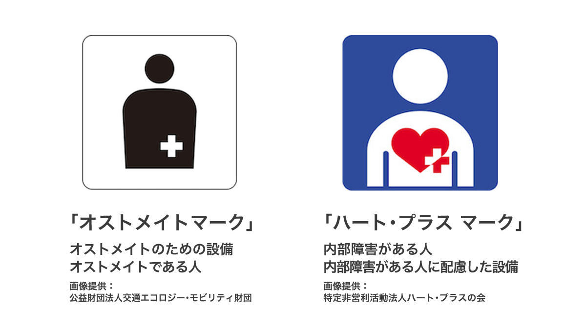 オストメイトマークとハート・プラスマークの画像と説明の図。詳しくは、以下本文。