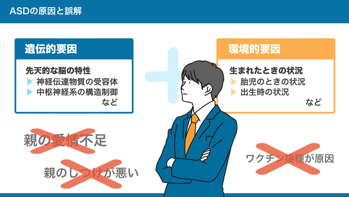 ASDの原因と誤解のまとめ図。詳しくは、以下本文。